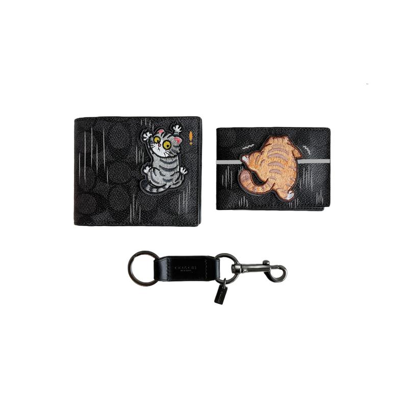 Coach Wallet [Customized Bag] 3 IN 1 Kosmeow Soft and Cute Kitten Hand-painted Line Classic Retro Naughty Cat (Black) Basic Package (Bag + Dust Bag)