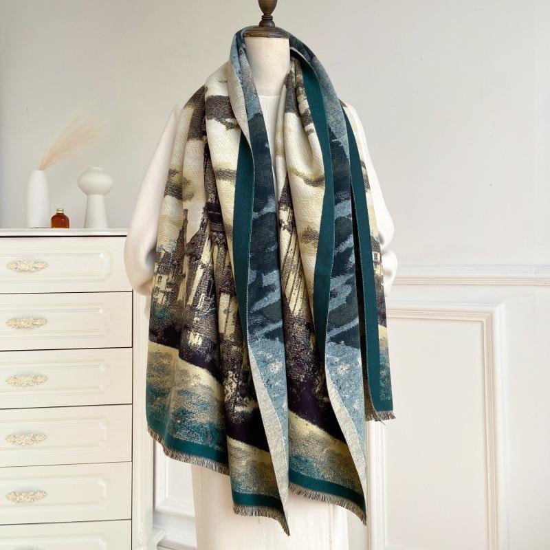 High-end imitation cashmere scarf women's winter warm thickened double-sided long shawl art color matching thick scarf
