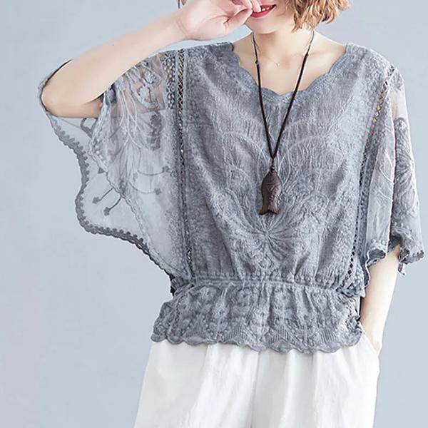 

WTEMPO Женские весенне-летние ажурные дышащие рубашки женские ретро элегантные повседневные свободные тонкие кружевные топы в стиле пэчворк M серый