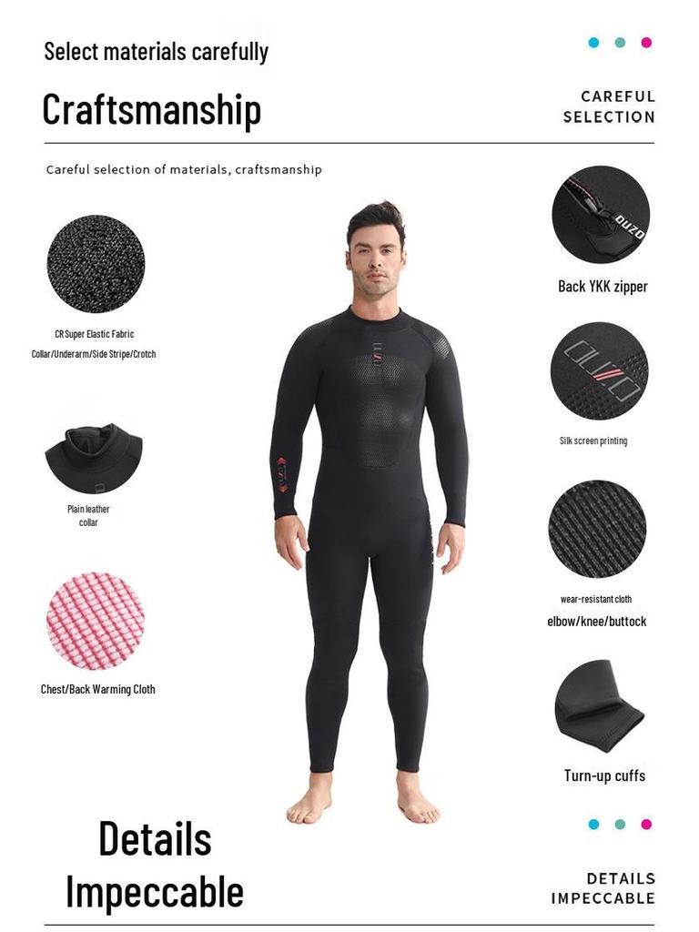 3mm OUZO Unisex Wetsuit: Warm, Quick-Drying, Super Elastic, Sun-Protected One-Piece for Winter Surfing and Diving.