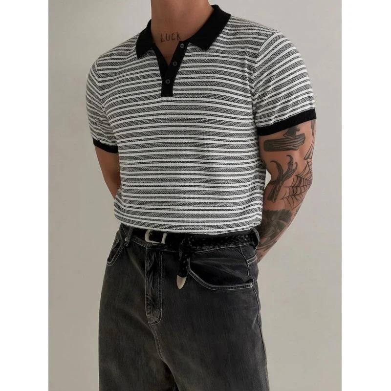 Men s Black Knit Polo: Summer Korean Style, Slim Fit, Color Block Striped Linen T-Shirt, Short Sleeve. XL