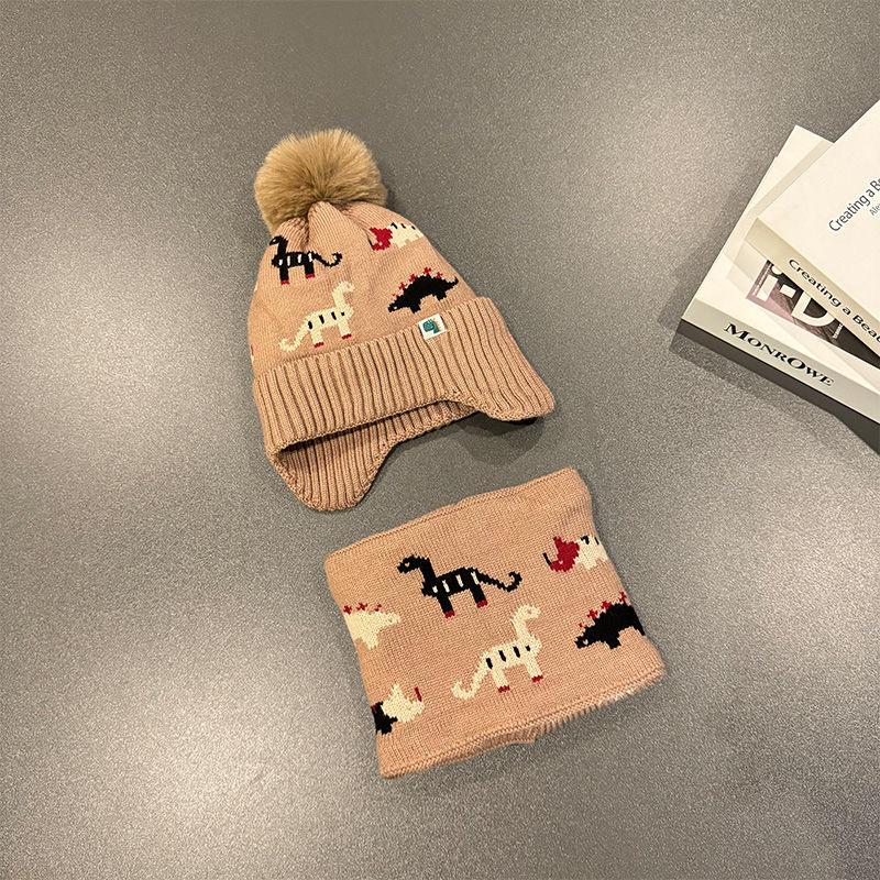 Children's Dinosaur Hat Scarf Two-piece Set Winter Baby Plush Thickened Knitted Hat Ear Protector Wool Hat Bib