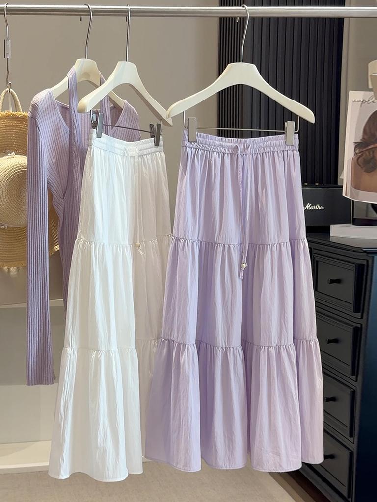 Korean Style Purple A-line Pleated Skirt for Women - Spring Summer 2026 High Waist Fairy Skirt