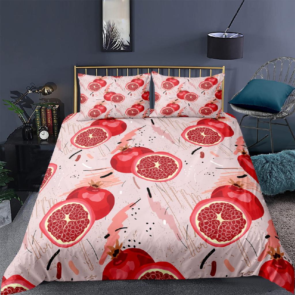 Red Pomegranate Duvet Cover Summer Tropical Fruit For Women Children Green Leaves Quilt Cover For Bedroom Decorations Warm Soft