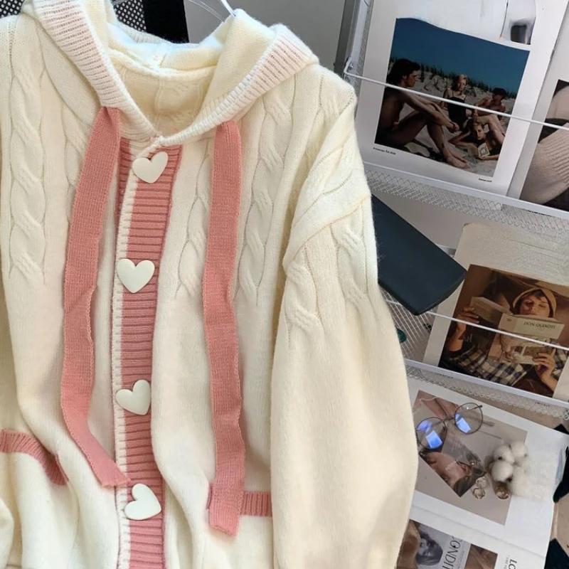 Women's Heart Shaped Buttons Cardigan with Hooded Autumn Threaded Pattern Loose Casual Tops Beige Color Contrast Sweater