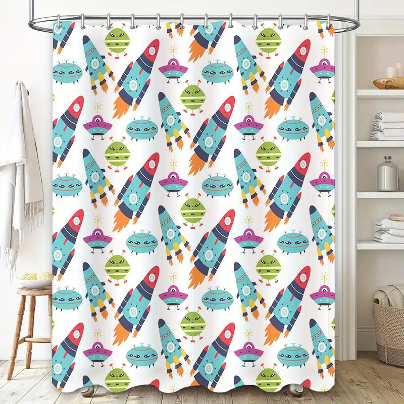 Space Ship Shower Curtain Cartoon Rockets Aliens Pattern for Bathroom Decorations Blue Green Red Black White Waterproof Fabric C