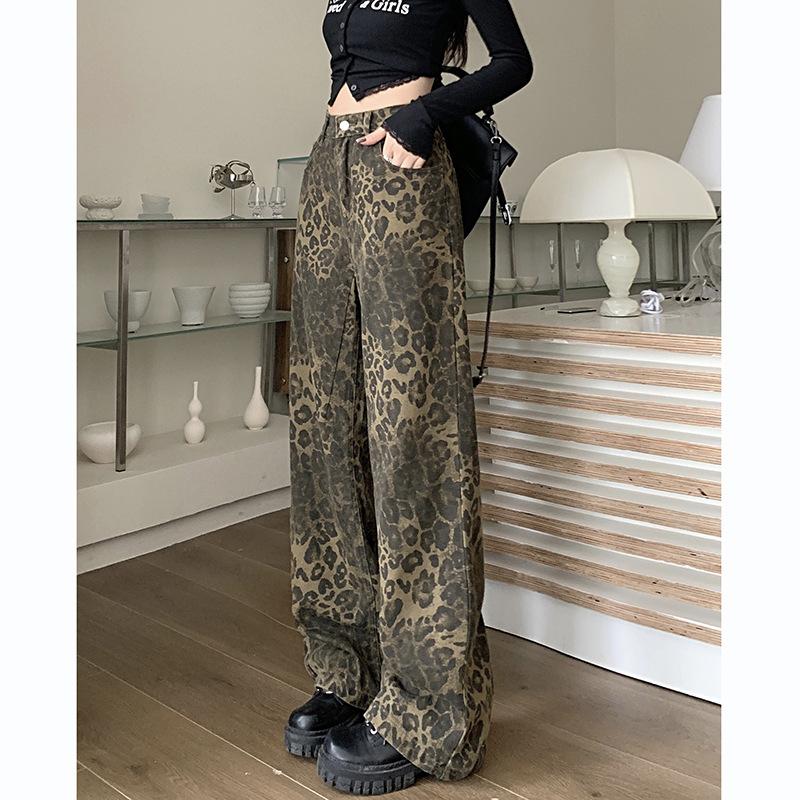 Women's High Waist Wide Leg Jeans Loose Fit Leopard Print Denim Pants Vintage Straight Casual Trousers