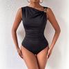 Women Black Sleeveless Oblique Shoulder Metal Buckle Slim Waist Fitted Bodysuit