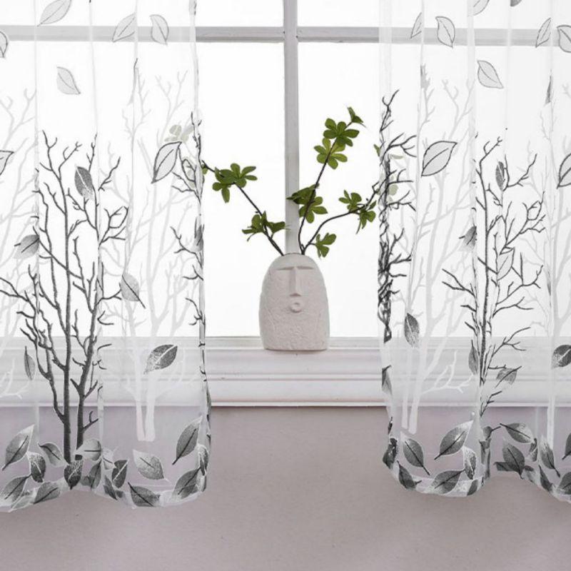 2pcs Leaves Printed Translucent Gauze Curtain Home Curtain