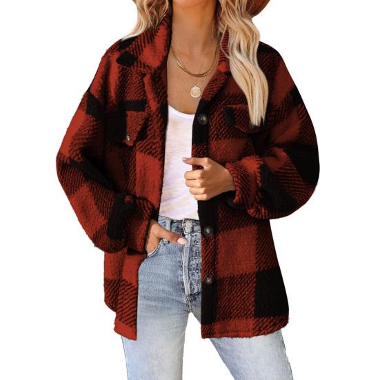 Giacca da donna autunno inverno con tasche finte, stampa scozzese a contrasto di colore, taglie forti, colletto rovesciato, monopetto, manica lunga, cardigan, cappotto di peluche