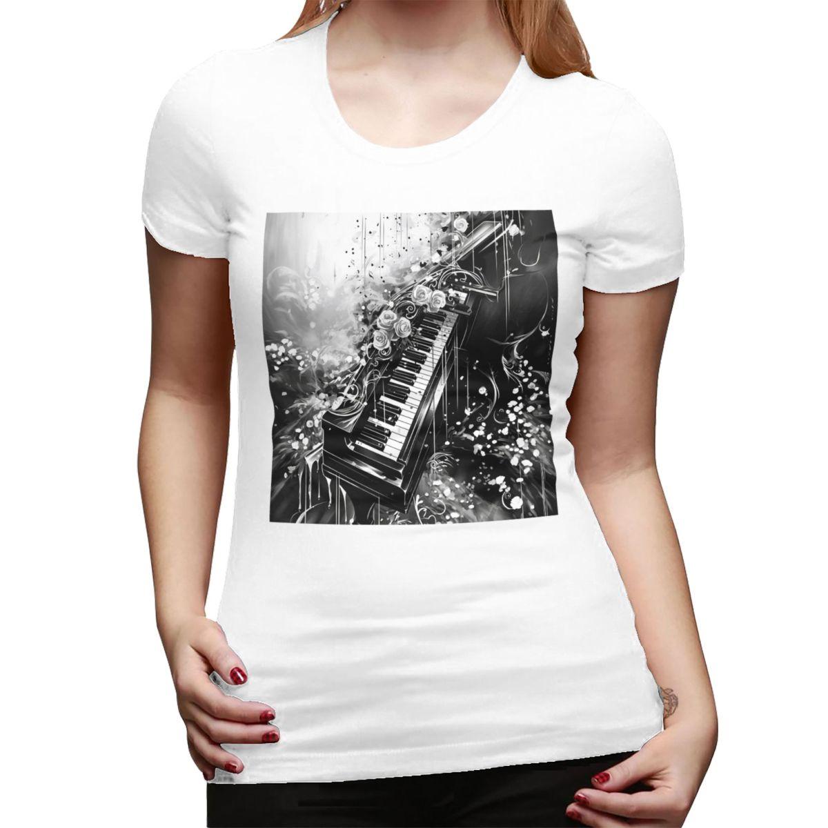 

Abstract Piano Keys With Musical Notes TShirt for Women Crew Neck Streetwear T Shirts Womens Tees Short Summer Clothes Tops S