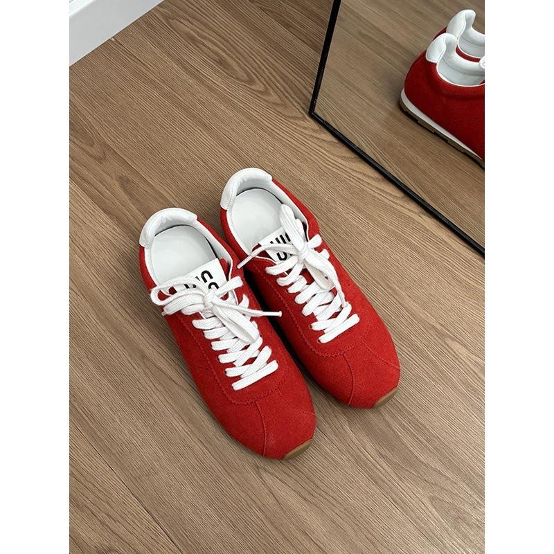 Cowhide Version~ Genuine Leather Flat Bottom Round Head Retro Red Women's Lace-up Versatile Board Shoes Casual Shoes