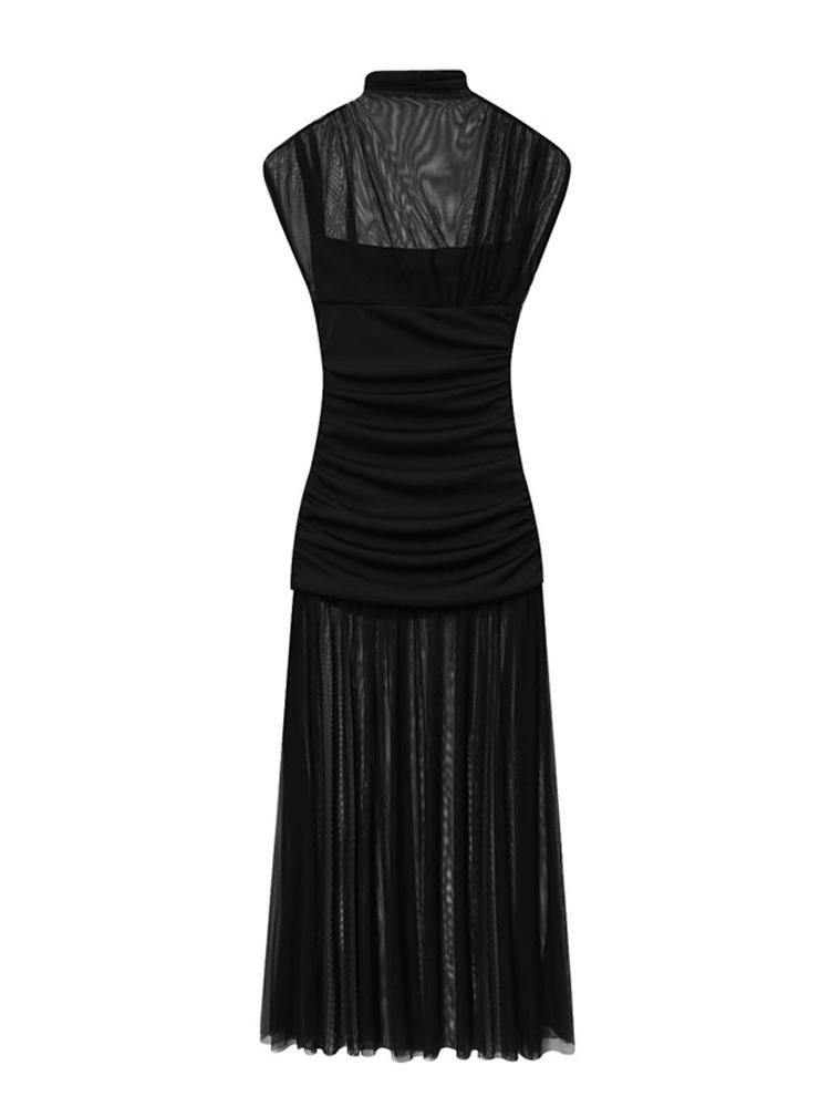Black Mesh Maxi Dress For Women Sexy Sleeveless See-Through Pleated Party Dress Female Fashin Bodycon Long Dress 2025
