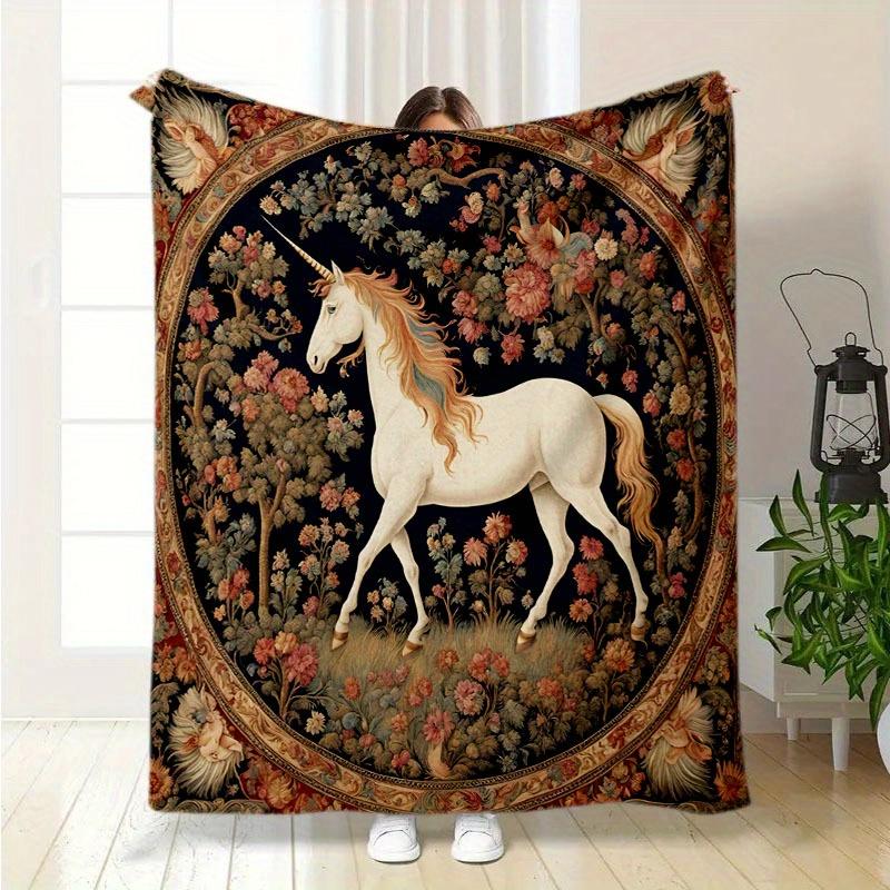 Contemporary Flannel Sofa Bed Blanket - White Unicorn & Floral Digital Print, Soft Warm All-Season Throw for Bedroom, Couch 130x150cm