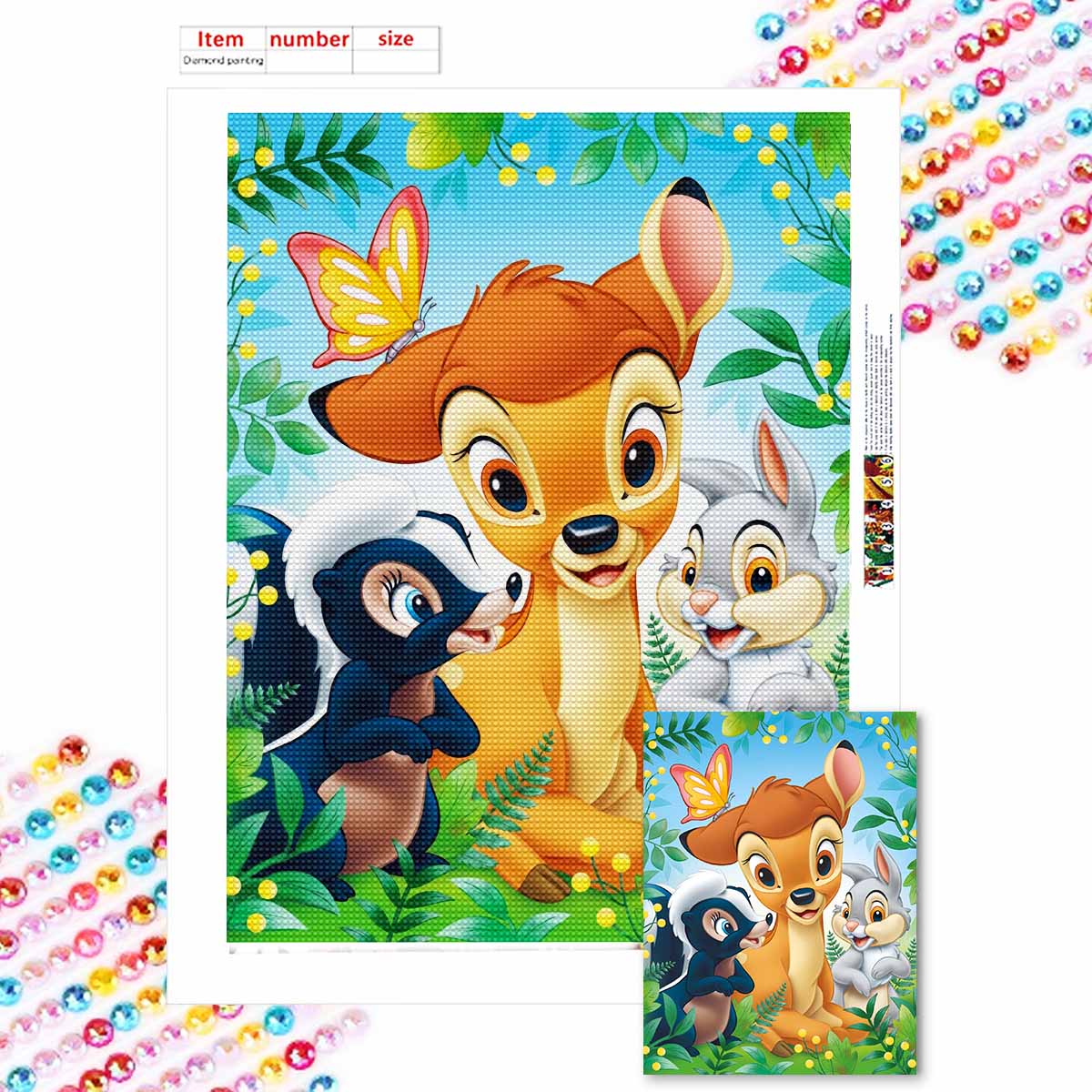 

Полная круглая алмазная живопись Бэмби Олененок и ее друзья Искусство Стразы Картина Мозаика DIY 5D Вышивка крестом Домашнее украшение Round 20x30cm