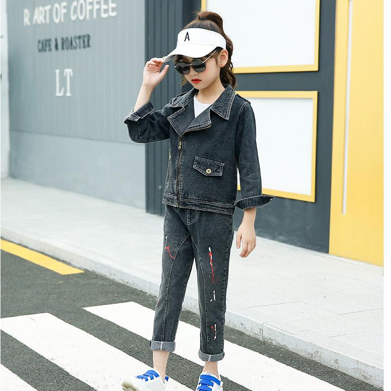 Denim Children's Suit Jacket Pants Set  Spring/autumn   Korean Style Cross-border Fashion for Boys Girls