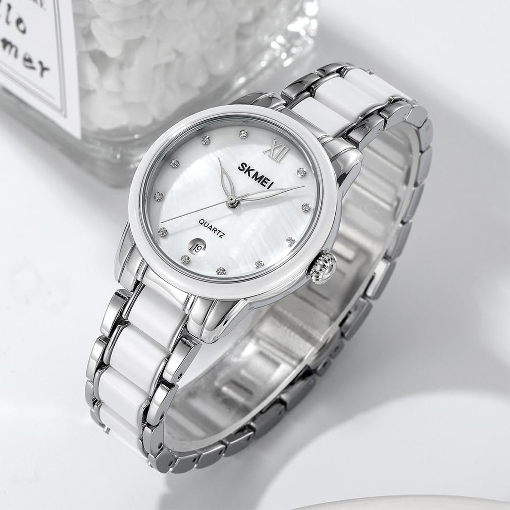 Women's Watch Ceramic white simple ladies waterproof brand business stainless steel gift for her silver