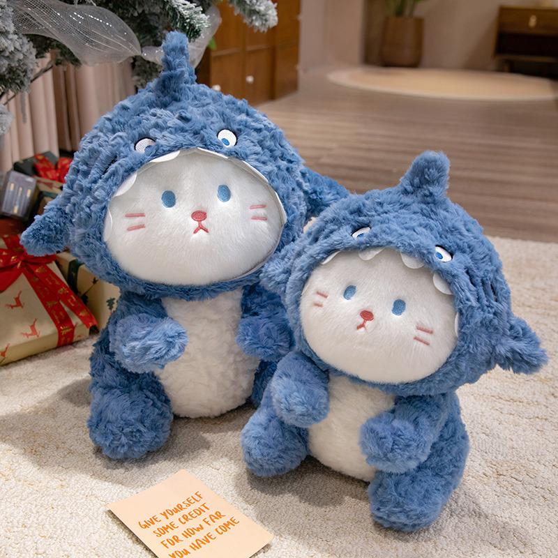 Kawaii Shark Cat Plush Toy Soft Stuffed Colorful Shark Hat Kitten Doll Kids Sleep Hug Pillow Home Decor Birthday Christmas Gift