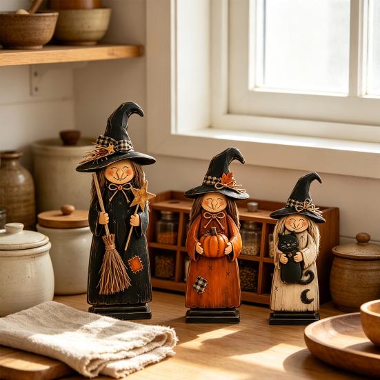 Spooky Halloween Party Table Centerpieces Wooden Witch Ornament, Retro Figurine with Broom/Pumpkin/Black Hand Painted Black Cat Cat, Creative Tabletop