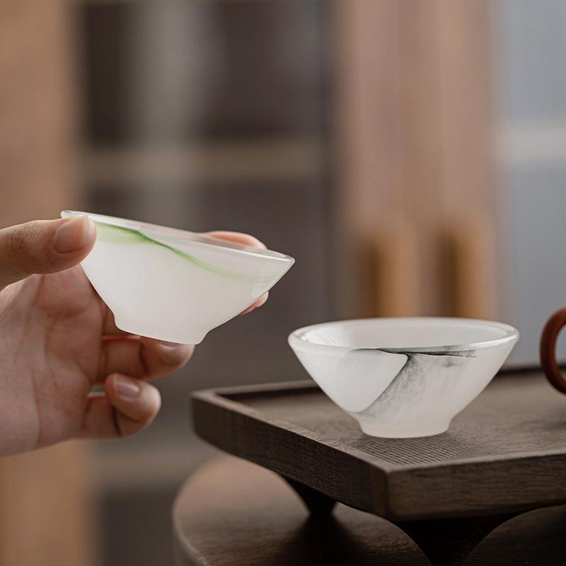 Chinese Ink Painting Glass Tea Cup Bamboo Hat Shape Gongfu Teaware Set with Gift Box for Home Ceremony Collection