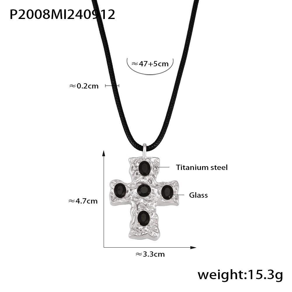 European American Cross-Border Women's Beaten-Texture Glass Cross Necklace Black Cord Stainless Steel 18K Gold-Plated PVD Party