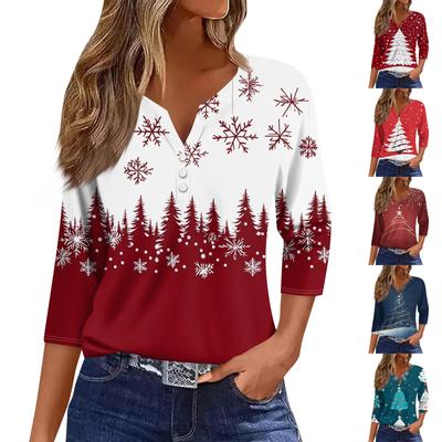 Women's T Shirt Tee Print Button 3/4 Sleeve Daily Weekend Fashion Basic V Neck Regular Top