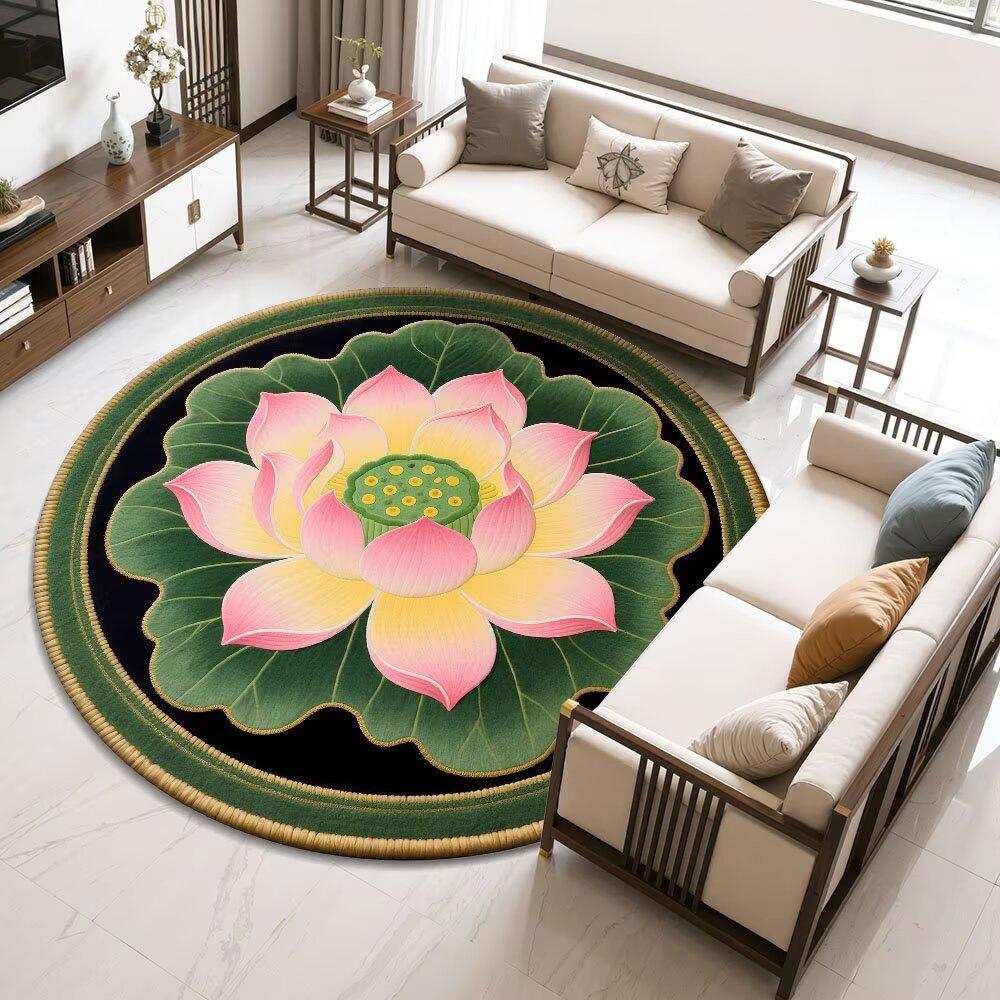 Lotus-Round Rug – Easy-Clean Meditation  Living Room Decor Rug with Chinese Floral Motif