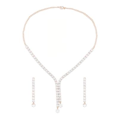 Rose Dazzling Cubic Zirconia Contemporary Party Bling Lariat Necklace & Earring Set For Women