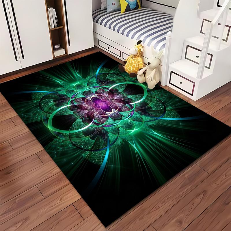 "Abstract Glowing Flower Art Carpet with Green and Purple Design" Suitable for Use As an Anti-slip for Living Room Bedroom Sofas