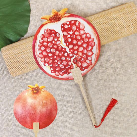 Fruit Print Fan with Wooden Long Handle Portable Lightweight Outdoor Travel Camping