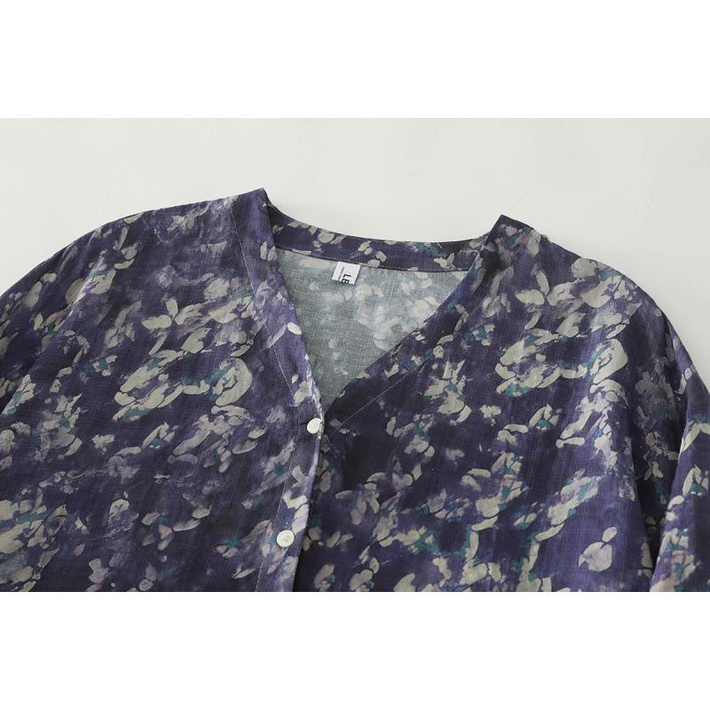 Autumn 2025 Retro Floral V-Neck Cotton Linen Casual Plus Size Shirt One Size