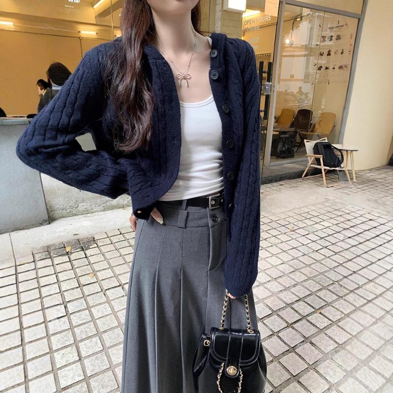 Autumn and winter new design hooded long-sleeved knitted cardigan jacket women's thin solid color temperament versatile top trendy