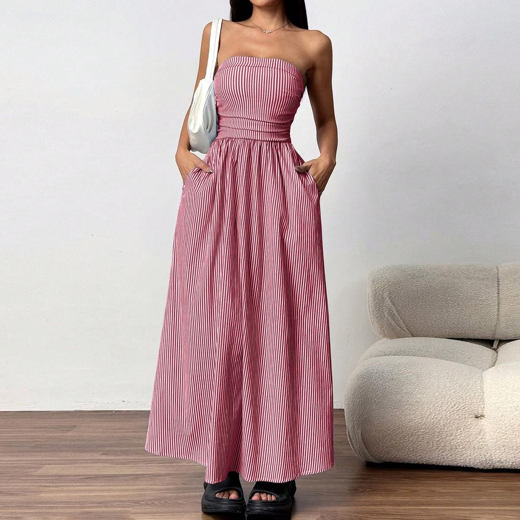 Women Strapless Maxi Dress with Pockets Casual Loose Fit Long Dress European Style Striped Print Sleeveless Sundress