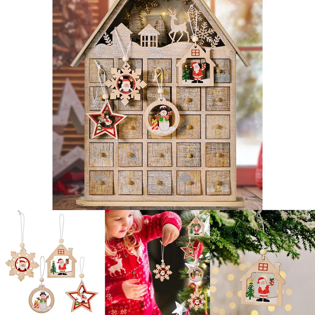 Festive Christmas Wooden Ornaments Set Of Twelve Including Santa And Snowflakes