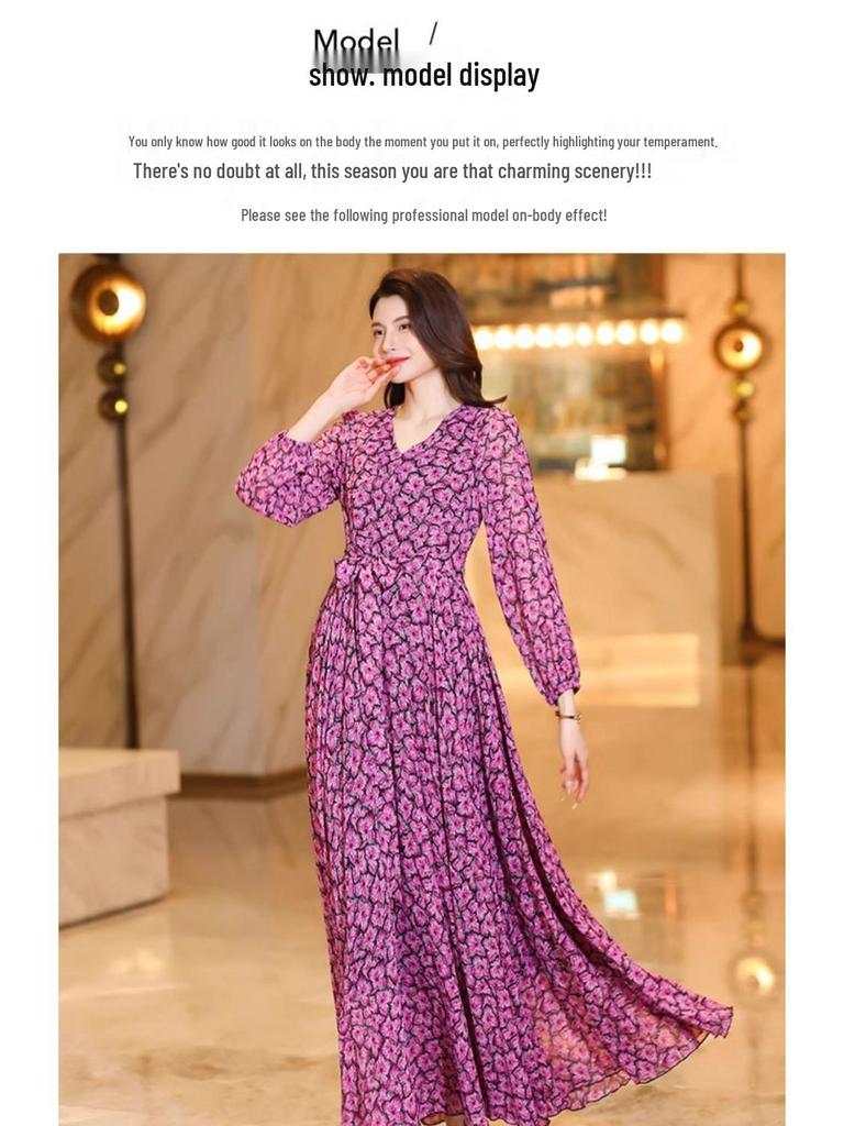 2025 Light Luxury Floral Slimming Long Dress for Women - Spring to Autumn
