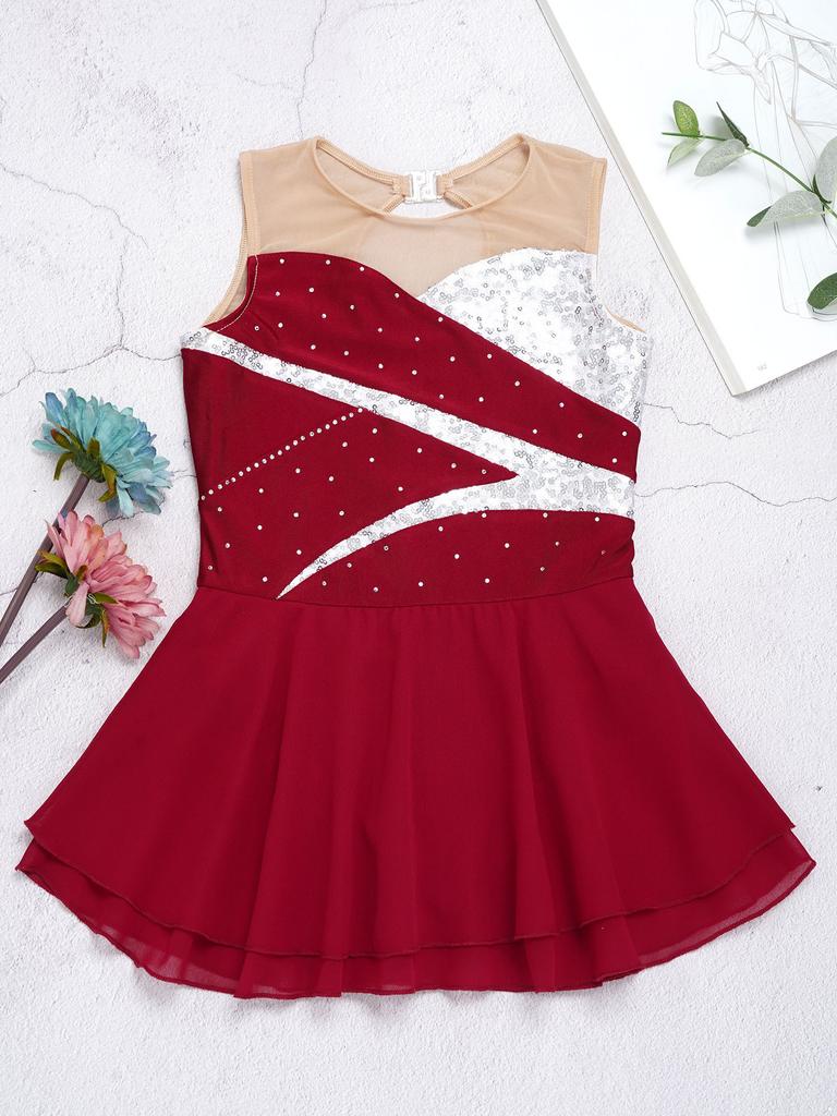 Kinder Mädchen Glänzender Strass Ärmelloser Chiffon Gespleißtes Eiskunstlaufkleid Gymnastik Tutu Ballettanzug