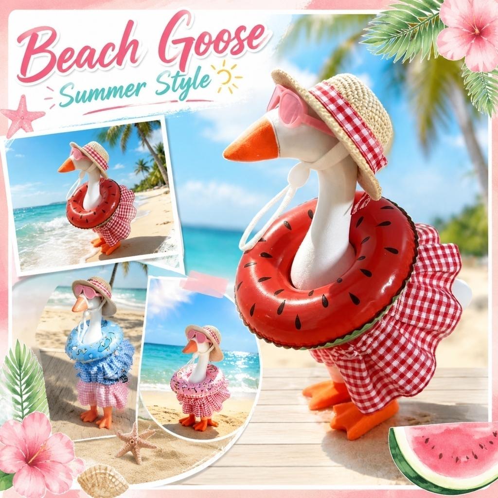 7 Inch Summer Goose Figurine Beach Vacation Style Straw Hat Sunglasses Swim Ring Skirt Set Decorative Outdoor Indoor Ornament