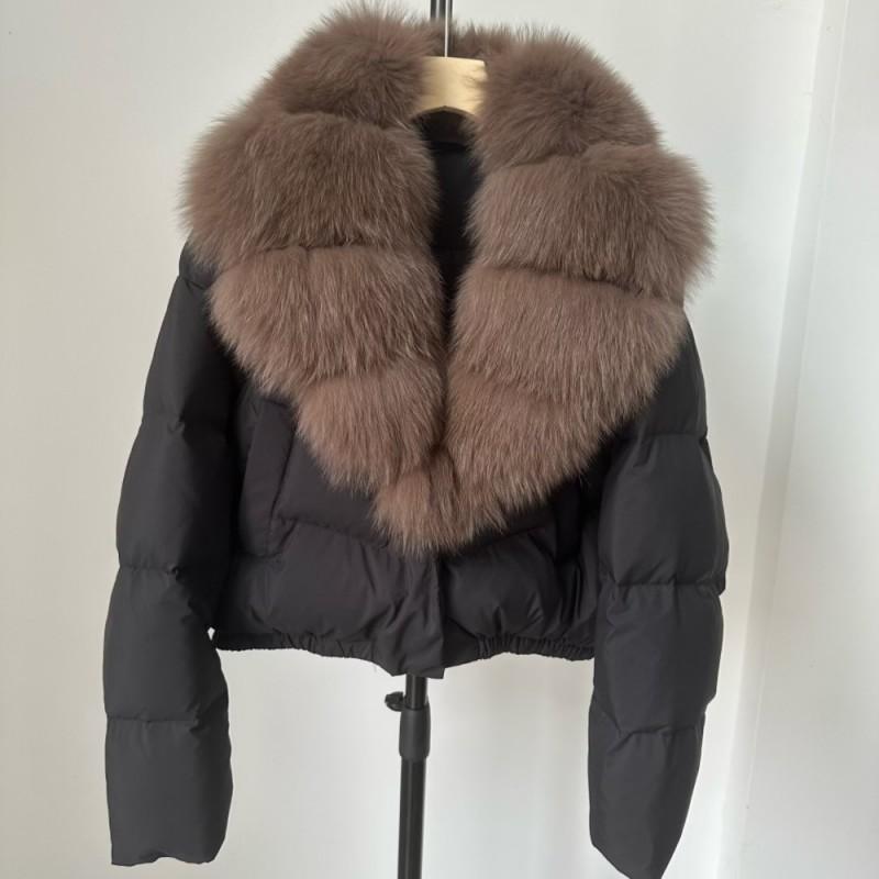 Womens Short Puffer Coat With Oversized Fox Fur Collar Warm Winter Outerwear Loose Fit Stylish Daily Wear