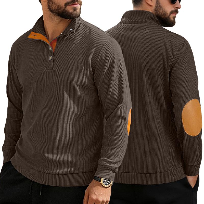 Spring and Autumn Solid Color Sports Long-sleeved Corduroy Tops for Men, Fashionable and Casual Stand-up Collar Outdoor Men's Pullover