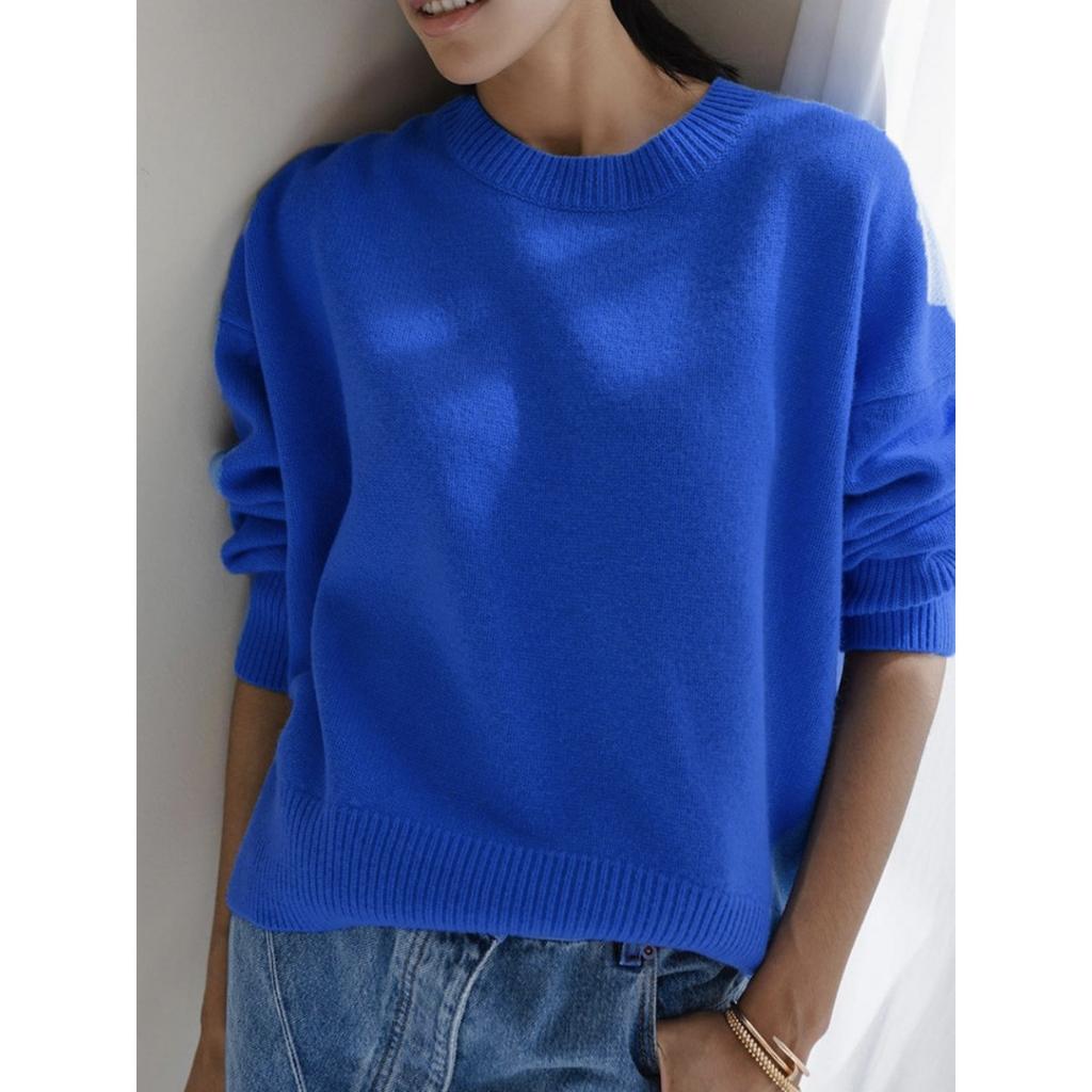 Einfarbiger Rundhals-Pullover für Damen | Weiches Strickoberteil | Lässige lockere Passform