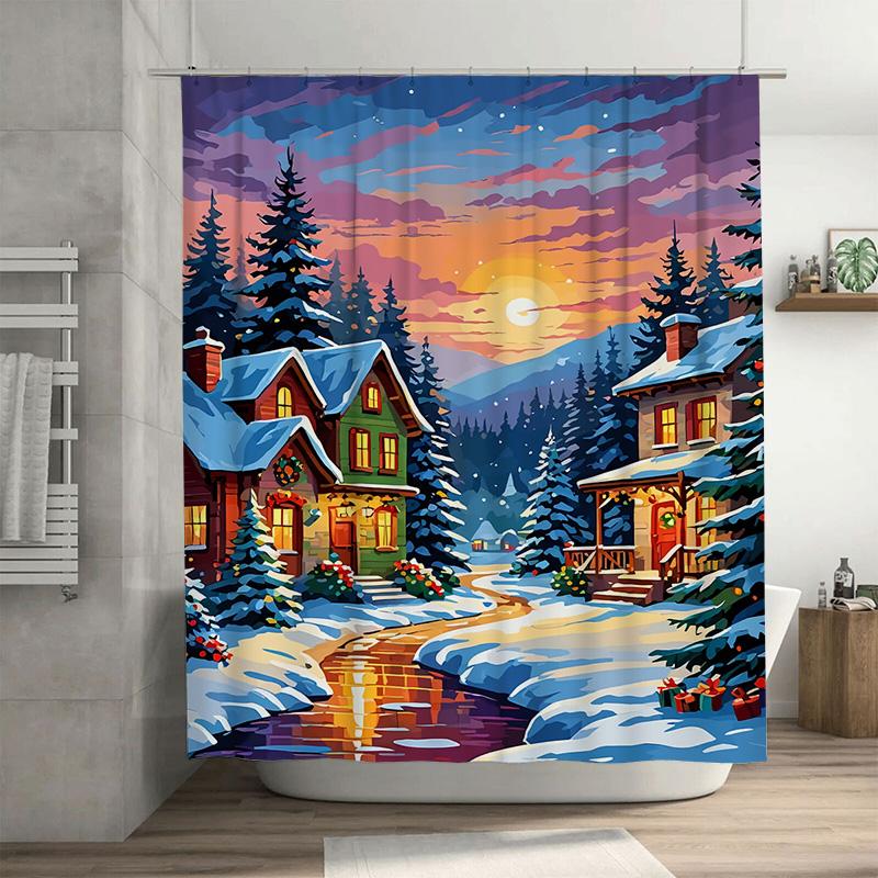

Tuniu Charming Winter Village Shower Curtain Festive Holiday Decor Cozy Cabin Scene Bathroom Backdrop Unique Gift Artistic Desig W60H190(CM)-1 Pcs