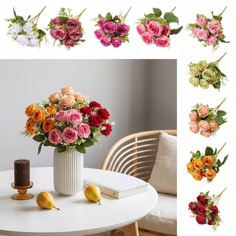 7 Heads Rose Artificial Flowers Silk Petals Green Leaves Simulation Flower Rose Multicolor Scene Landscaping Faux Rose Flower