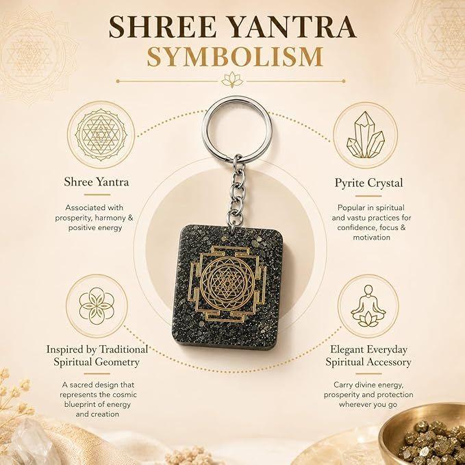 Shree Yantra Pyrite Keychain for Wealth and Prosperity Crystal Keychain