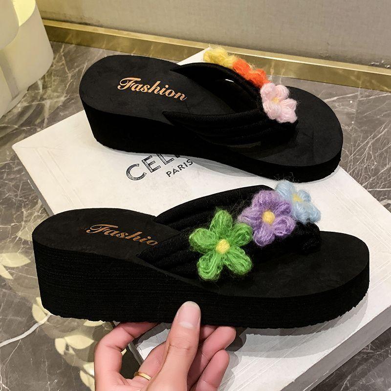 Flower Thick-soled Wedge Heel Fashion Cool Slippers Women's 2025 Summer New Flip-flops Women's Vacation Beach Shoes Women's Outer Wear