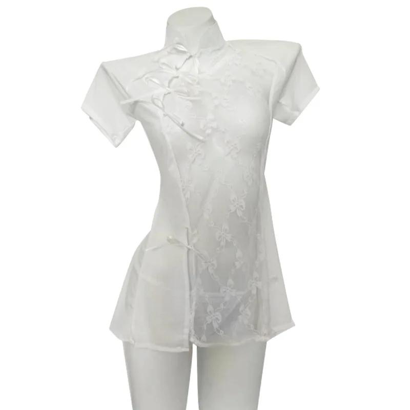 Sexy Lace Slit See through Cheongsam Uniform Pure Desire Temptation Erotic Underwear Passion Non Stripping Sleepwear Set