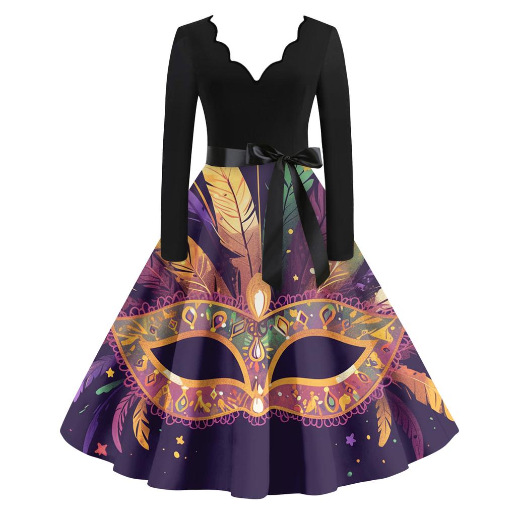 Women's Casual Fashion V Neck Long Sleeve Printed Vintage Long Dress