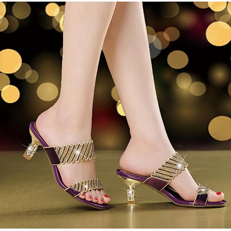 New Summer Womens 2025 Fashion Comfort Elegant Sandals Gold Oneword Diamond Stiletto Heel Medium Heel Rhinestone Sandals