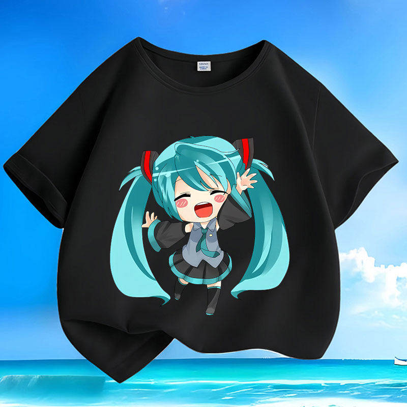 Hatsune Miku New Summer Small and Medium Children's Short Sleeve Cotton Round Neck Loose Cartoon Versatile Top T-shirt