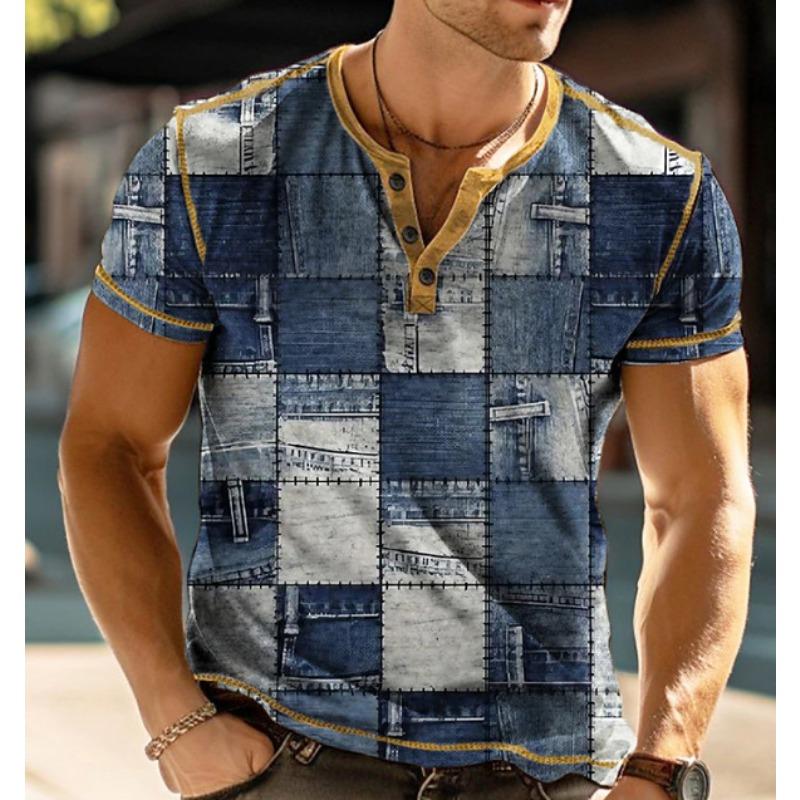 

Простая клетчатая 3D-печатная мужская повседневная футболка с короткими рукавами и воротником-стойкой XL