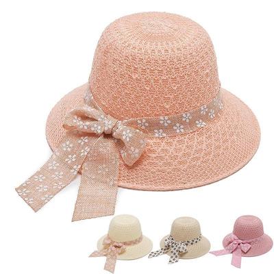 Women's Sun Cap Summer Flower Ribbon Bow Straw Hat Sunscreen Hollow Out Beach Holiday Vacation Anti-UV Hat All-match Sun Hat
